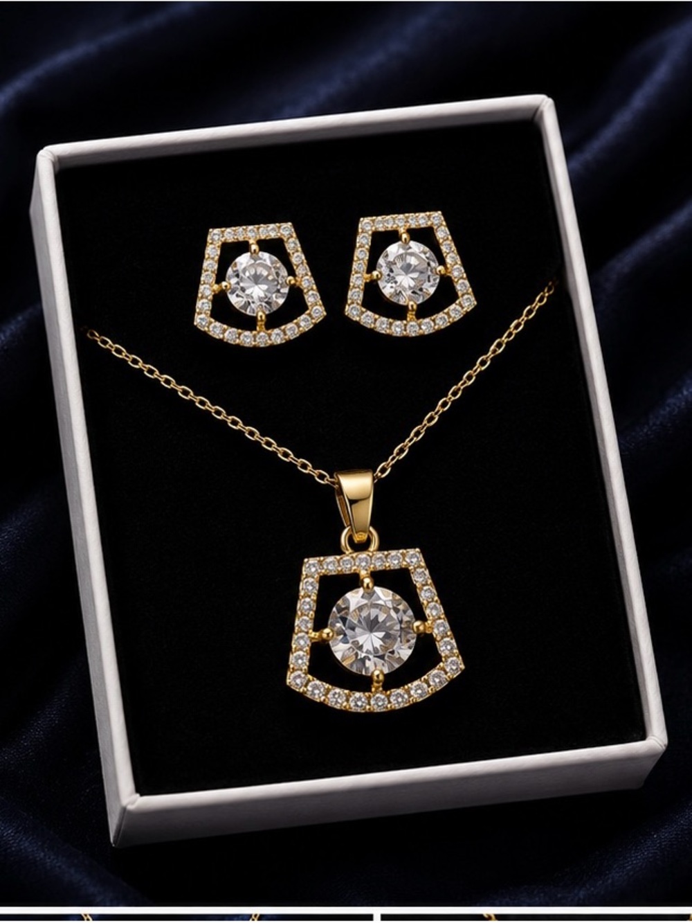 Gold Crystal Pendant Necklace and Stud Earring Set - Gold and Clear